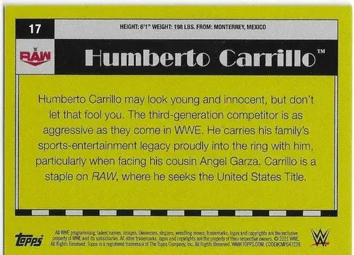Wrestling trading card with original gloss featuring Humberto Carrillo Rookie on yellow background