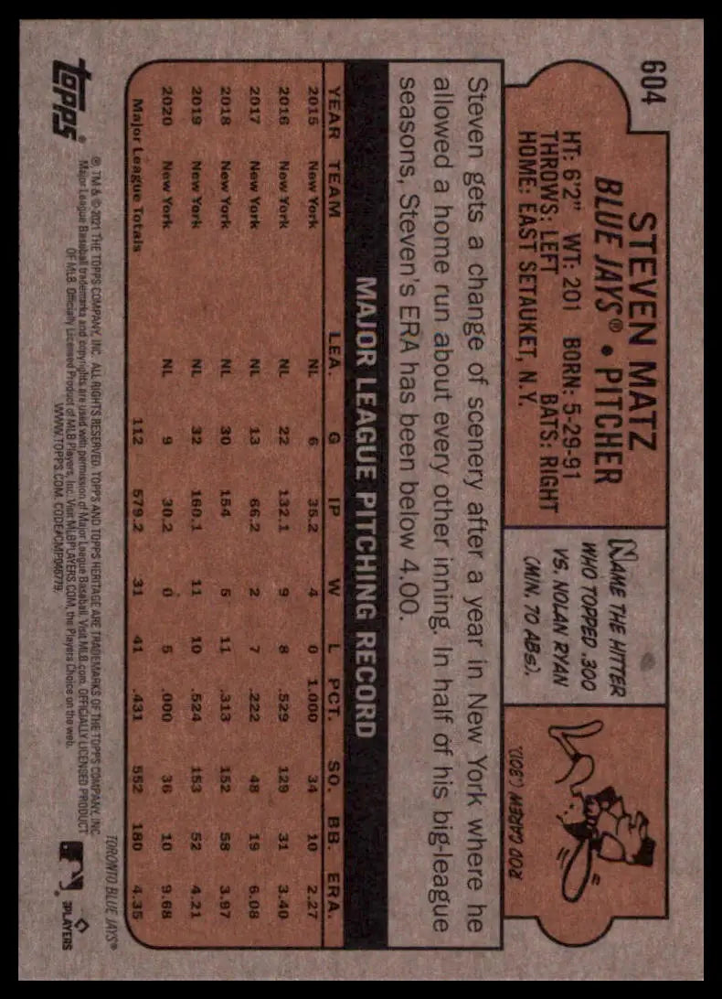 2021 Topps Heritage Steven Matz 604 Toronto Blue Jays NM