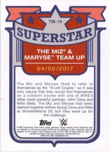 WWE trading card from 2021 Topps Heritage Superstar Tribute featuring The Miz and Maryse