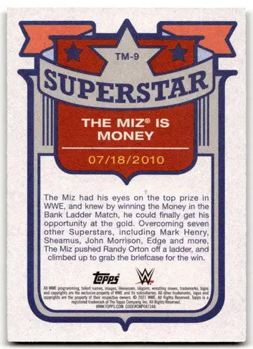 WWE trading card from 2021 Topps Heritage featuring The Miz Is Money with original gloss