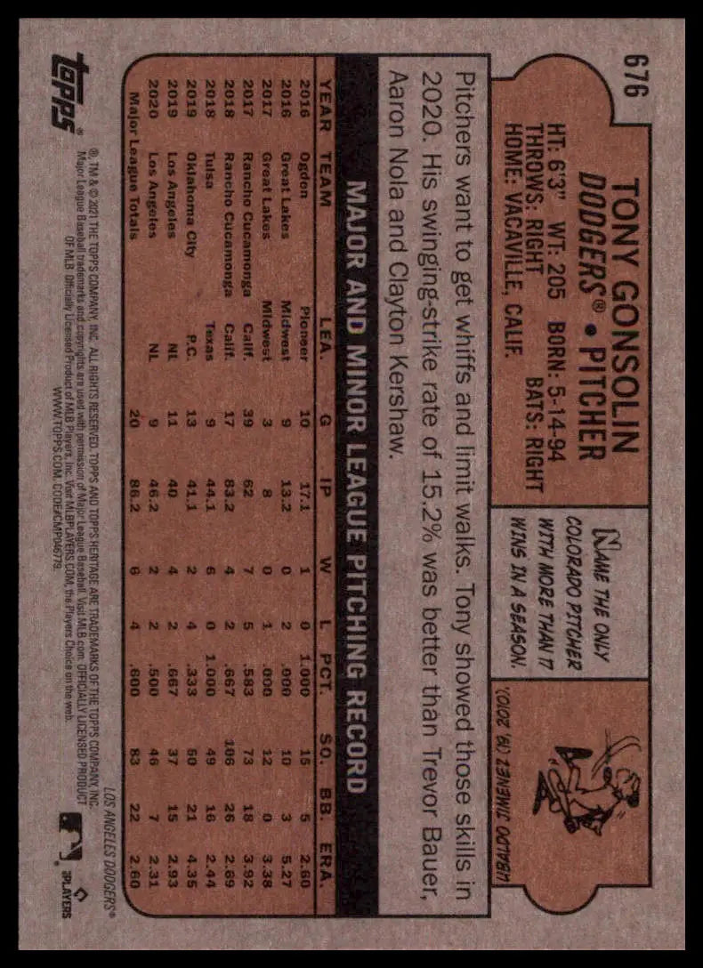 2021 Topps Heritage Tony Gonsolin 676 Los Angeles Dodgers NM