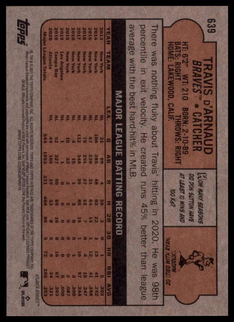 2021 Topps Heritage Travis d’Arnaud 639 Atlanta Braves NM - Baseball Card Single