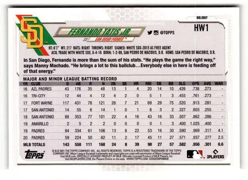 2021 Topps Holiday HW1 Fernando Tatis Jr. baseball card in near mint condition