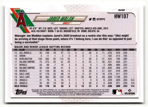 Original gloss 2021 Topps Holiday HW107 Jared Walsh baseball card