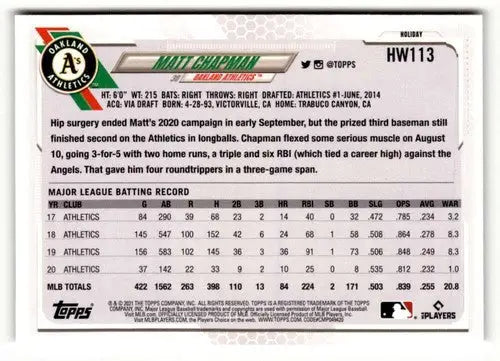 2021 Topps Holiday HW113 Matt Chapman baseball card in pristine condition