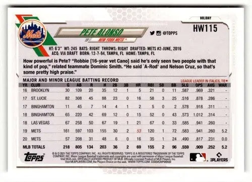 2021 Topps Holiday HW115 Pete Alonso baseball card back with original gloss image