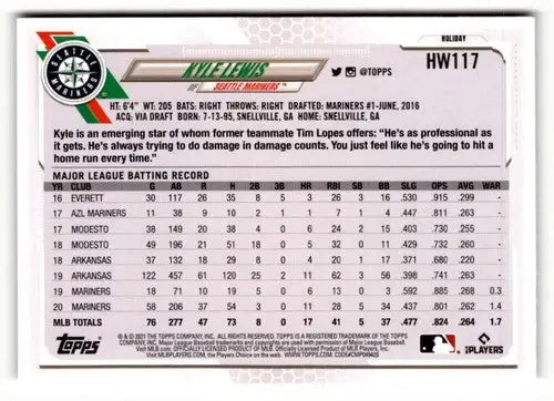 2021 Topps Holiday Kyle Lewis baseball card back with original gloss and detailed info