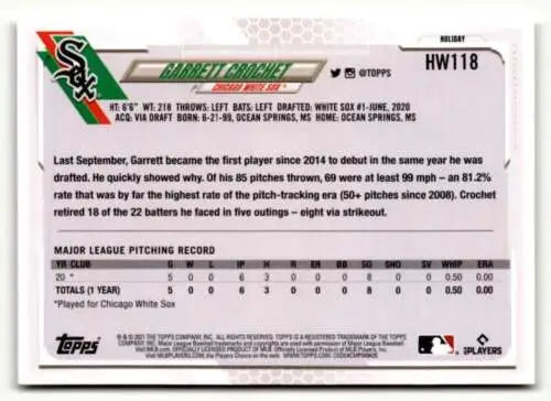 2021 Topps Holiday Garrett Crochet baseball card with original gloss in mint condition