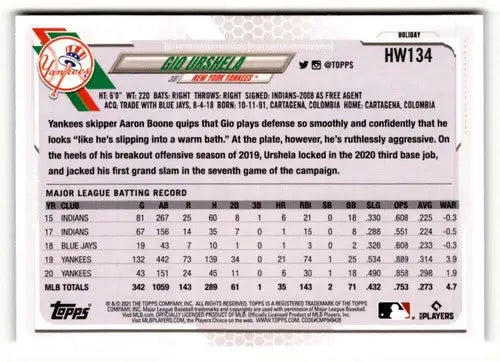 2021 Topps Holiday Hw134 Gio Urshela baseball card in near mint to mint condition