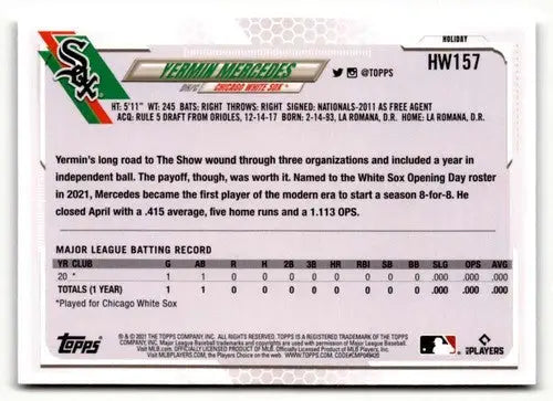 2021 Topps Holiday HW157 Yermin Mercedes baseball card, NrMt-Mt condition
