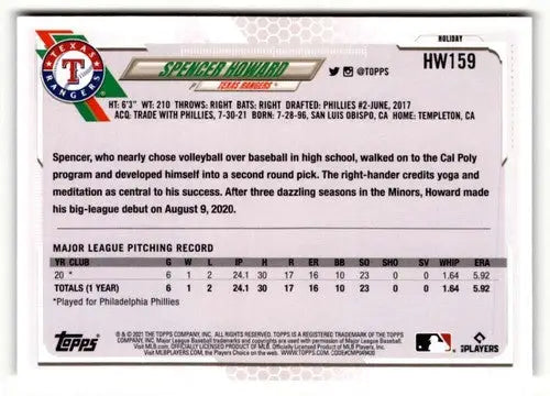 2021 Topps Holiday HW159 Spencer Howard baseball card back with original gloss