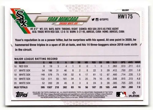 Original gloss 2021 Topps Holiday HW175 Yoan Moncada baseball card in NrMt-Mt condition