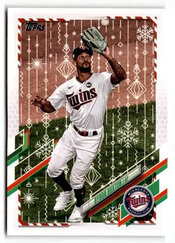 Baseball card featuring Byron Buxton catching a ball from 2021 Topps Holiday HW189