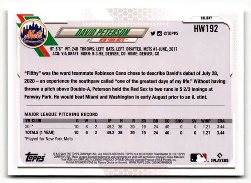 Original gloss 2021 Topps Holiday HW192 David Peterson baseball card ID 50299