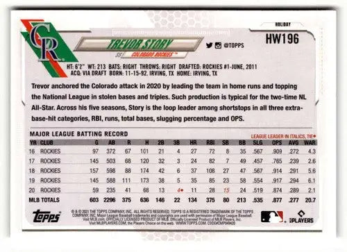 2021 Topps Holiday Hw196 Trevor Story baseball card in mint condition