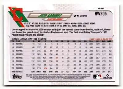 2021 Topps Holiday HW205 Jose Ramirez baseball card back with original gloss