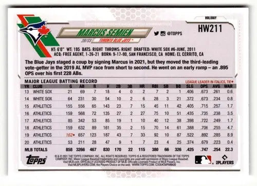 2021 Topps Holiday HW211 Marcus Semien baseball card in near-mint to mint condition