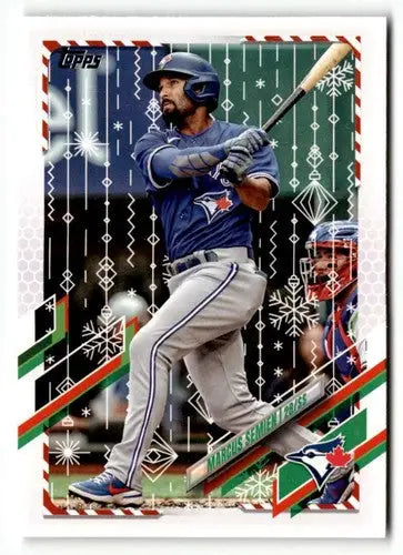 2021 Topps Holiday HW211 Marcus Semien baseball card displayed in collectible product