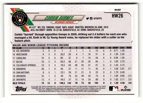 Original gloss 2021 Topps Holiday HW26 Corbin Burnes baseball card in mint condition