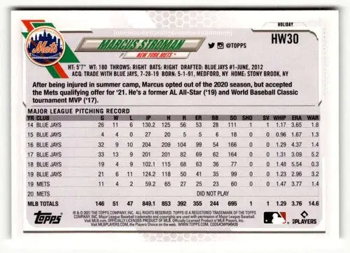 Back of 2021 Topps Holiday HW30 Marcus Stroman baseball card showing stats and design