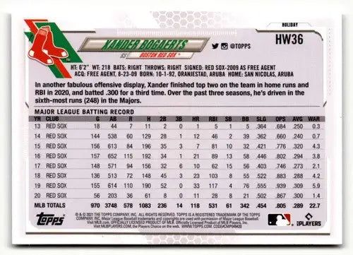 Baseball card back for 2021 Topps Holiday HW36 Xander Bogaerts featuring collectible design