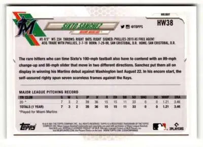 Back of 2021 Topps Holiday HW38 Sixto Sanchez baseball card showing stats and details