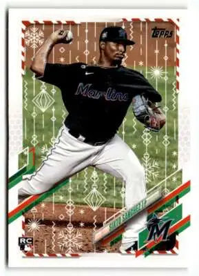 2021 Topps Holiday HW38 Sixto Sanchez baseball card front view close-up