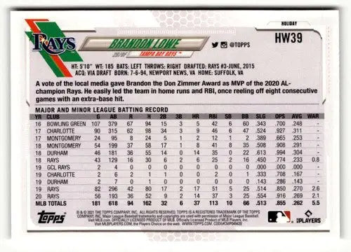 2021 Topps Holiday #HW39 Brandon Lowe NrMt-Mt ID:50324 - Baseball Card Single
