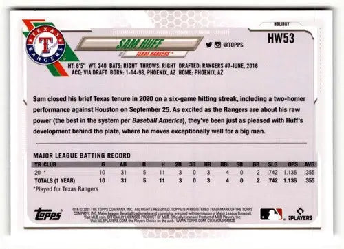 2021 Topps Holiday Sam Huff baseball card with original gloss ID 50369