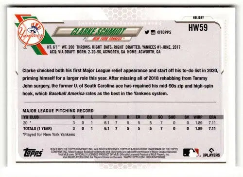 2021 Topps Holiday HW59 Clarke Schmidt baseball card displayed in product ID 50365