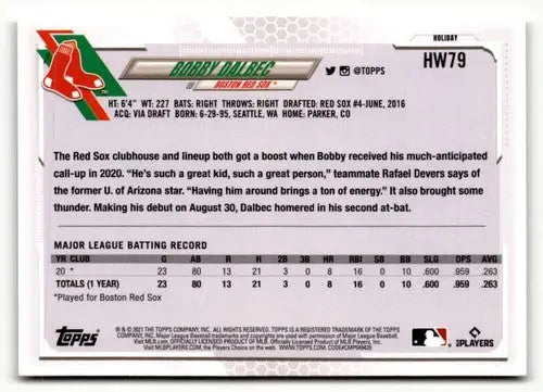 2021 Topps Holiday HW79 Bobby Dalbec baseball card with near-mint mint condition