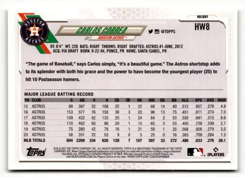 Original gloss 2021 Topps Holiday HW8 Carlos Correa baseball card in mint condition