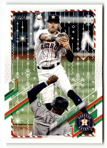 Original gloss 2021 Topps Holiday HW8 Carlos Correa baseball card front view