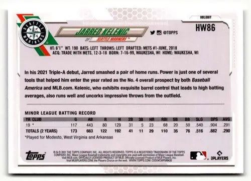 Baseball card back with original gloss for 2021 Topps Holiday HW86 Jarred Kelenic