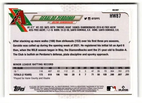 2021 Topps Holiday HW87 Geraldo Perdomo baseball card back with original gloss