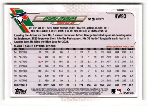 2021 Topps Holiday #HW93 George Springer NrMt-Mt ID:50330 - Baseball Card Single