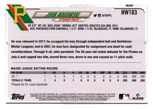 2021 Topps Holiday Mega Box #HW103 John Nogowski NM-MT RC Rookie Pirates - Baseball Card Box