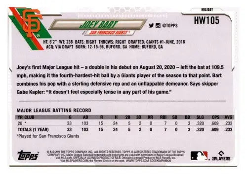 Joey Bart baseball card from 2021 Topps Holiday Mega Box with original gloss and rookie status