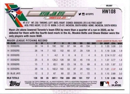 2021 Topps Holiday Mega Box #HW108 Hyun-Jin Ryu NM-MT Blue Jays - Baseball Card Single