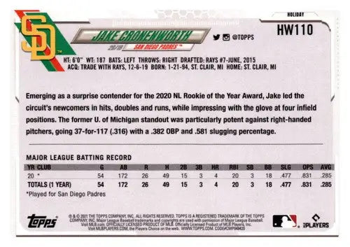 Original gloss Jake Cronenworth baseball card from 2021 Topps Holiday Mega Box