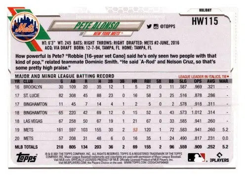 2021 Topps Holiday Mega Box #HW115 Pete Alonso NM-MT Mets - Baseball Card Box
