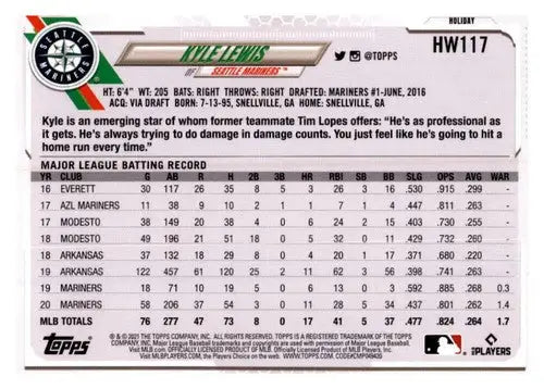 Baseball card back with original gloss from Topps Holiday Mega box featuring Kyle Lewis