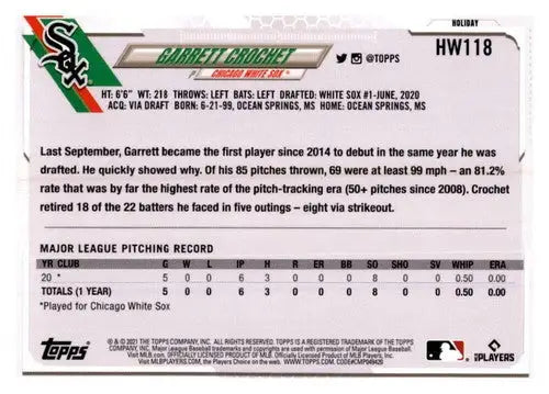 2021 Topps Holiday Mega Box #HW118 Garrett Crochet NM-MT RC Rookie White Sox - Baseball Card Box