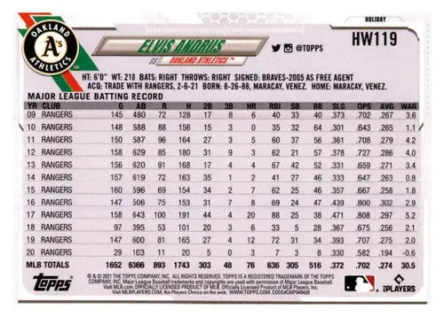 2021 Topps Holiday Mega Box #HW119 Elvis Andrus NM-MT Athletics - Baseball Card Single