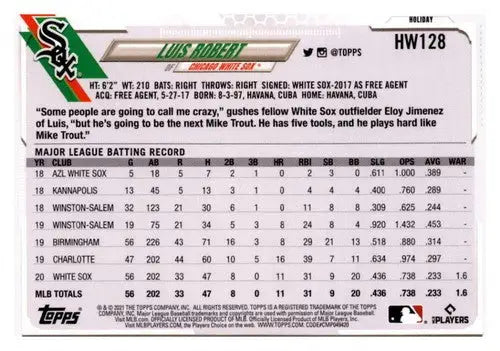 Luis Robert baseball card from 2021 Topps Holiday Mega Box showcasing original gloss