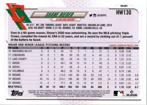 Shane Bieber baseball card from 2021 Topps Holiday Mega Box, ideal for collectors