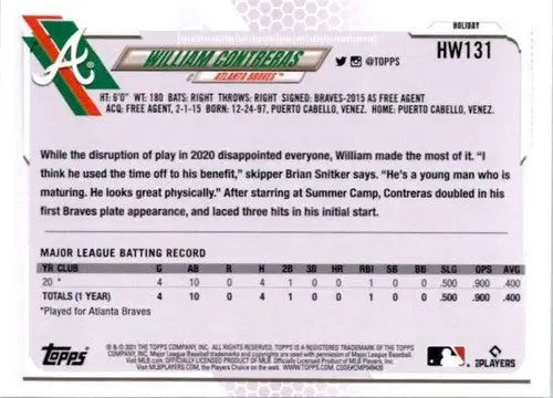 William Contreras baseball card from Topps Holiday Mega Box, original gloss, NM-MT RC
