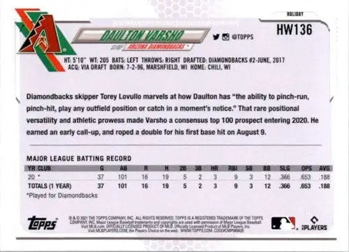 2021 Topps Holiday Mega Box #HW136 Daulton Varsho NM-MT RC Rookie Diamondbacks - Baseball Card Box