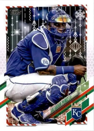 Salvador Perez baseball card from 2021 Topps Holiday Mega Box featuring original gloss