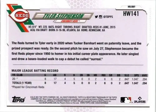 2021 Topps Holiday Mega Tyler Stephenson baseball card with original gloss RC Reds